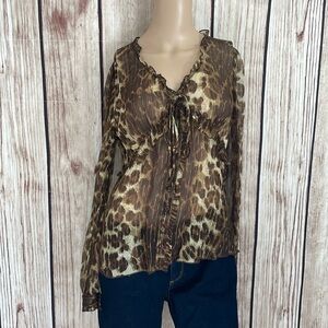 Till the End Sheer Leopard Print blouse w/Ruffle accents and Front Tie - Medium